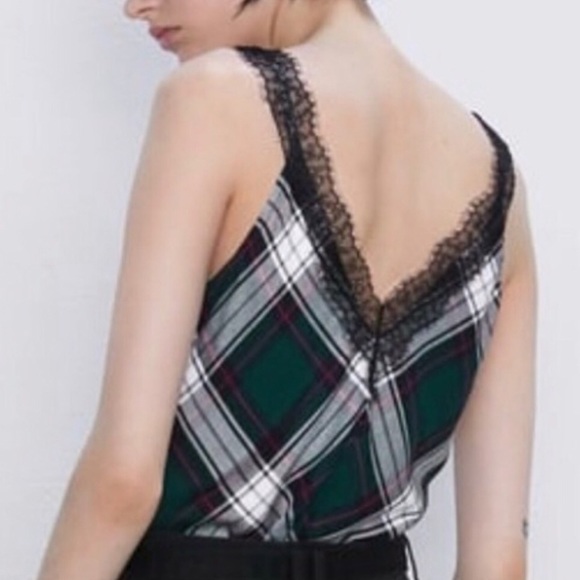 Zara NWT Plaid Lace Camisole Small Green Red Black Tank - Picture 8 of 13